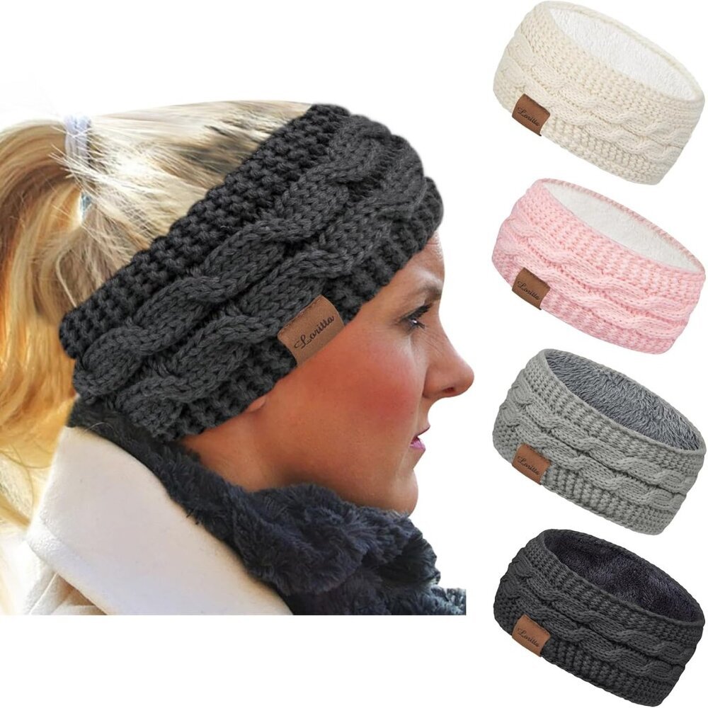 4 Pack Womens Winter Headbands Fuzzy Fleece Lined Ear Warmer Cable Knit Thick Wa